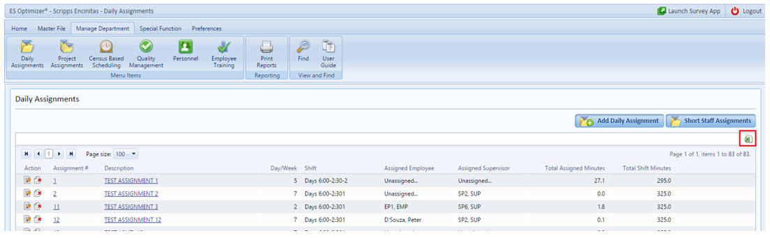 EVS Management Software Work Assignments Screen